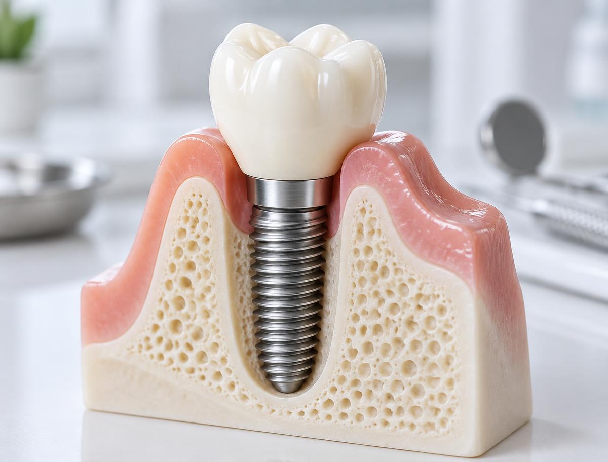 Modelo ilustrativo de implante dentário com coroa e suporte ósseo